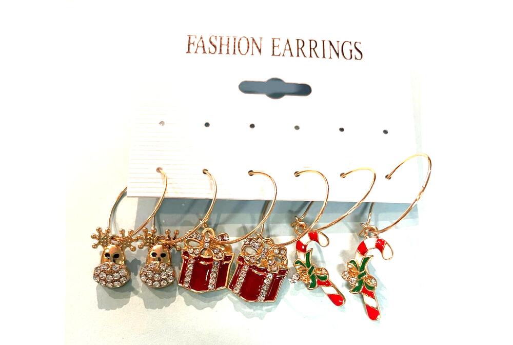 3 pairs Christmas Reindeer Candy Cane Gift Box Drop Earrings - NEW
